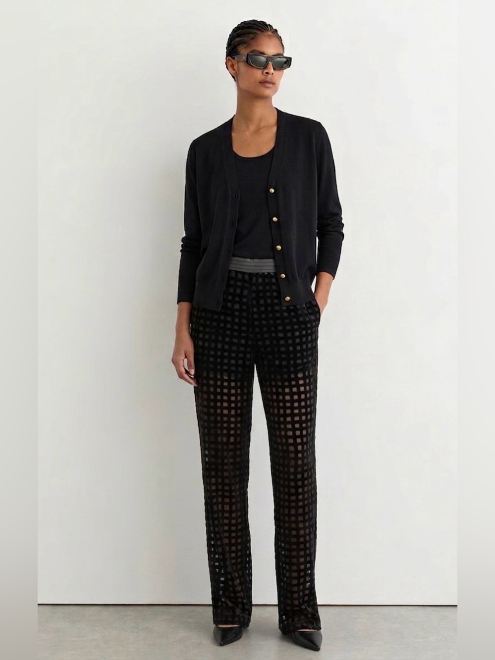 ZARA Black Velvet Grid Checkered Sheer Panel Trousers Sz Small Fairy Goth Party